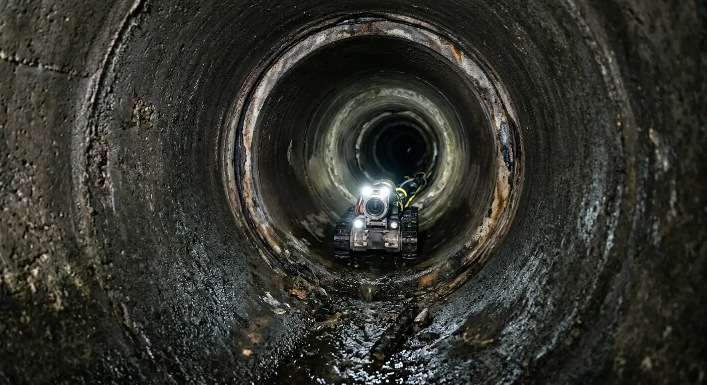 Robotic sewer camera inspecting pipe interior for Sewer Line Cleaning in Bedford