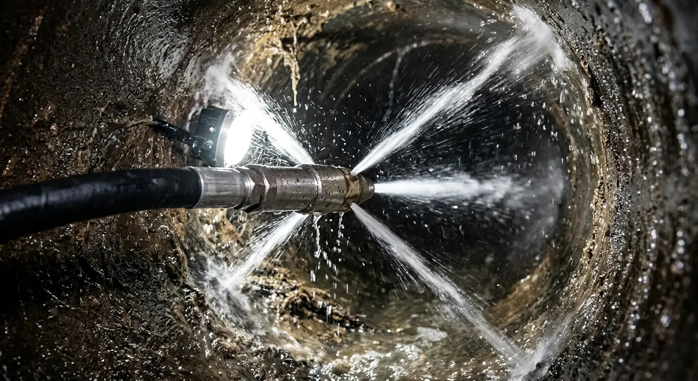 High-pressure hydro jetting nozzle cleaning sewer pipe for Emergency Drain Service in Bedford